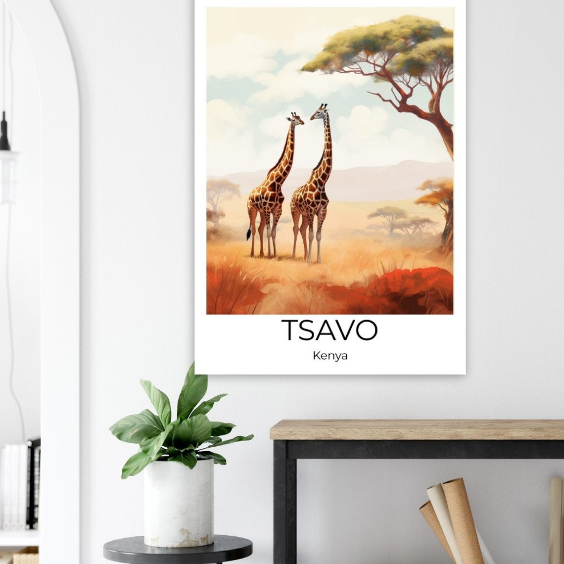 Tsavo Kenya Watercolor Giraffes Savanna Wildlife Travel Poster - Image 4