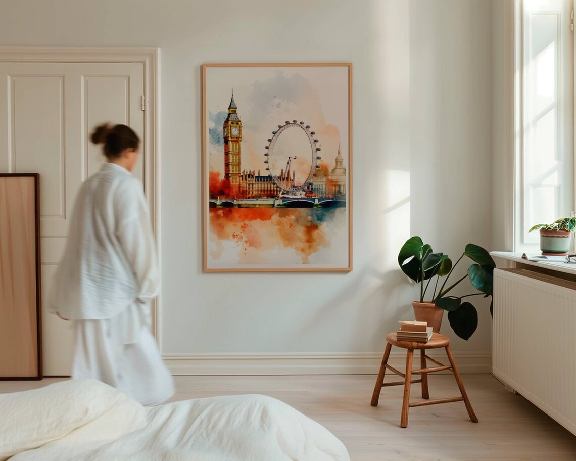 London Big Ben London Eye Parliament Watercolor Skyline Travel Poster - Image 4