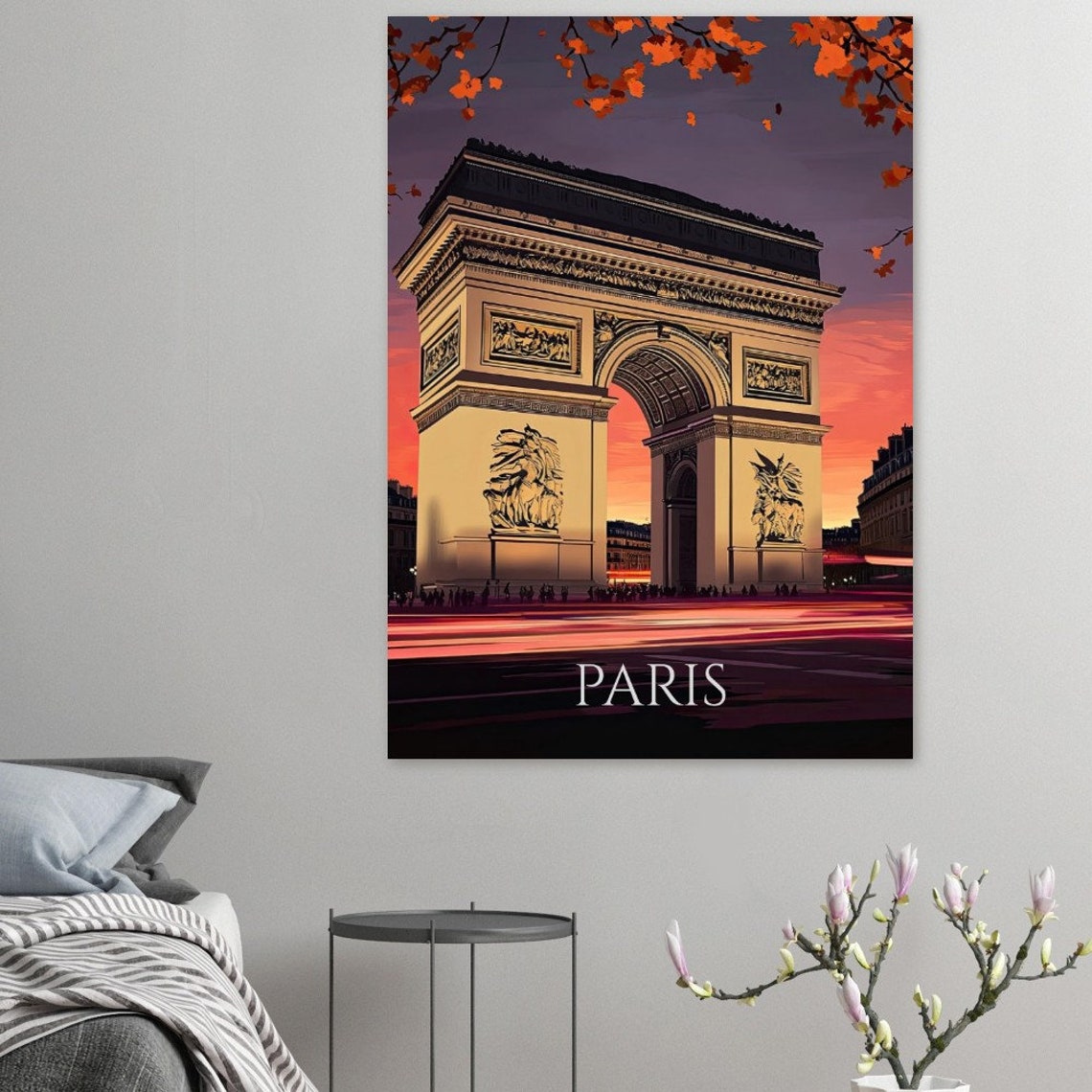 Paris Arc de Triomphe Sunset Autumn Leaves Night Street Poster - Image 2