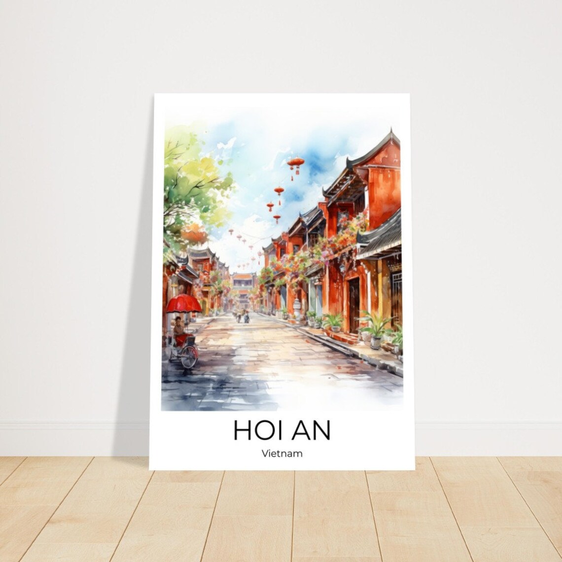 Hoi An Vietnam Watercolor Old Street Lanterns Travel Art Poster