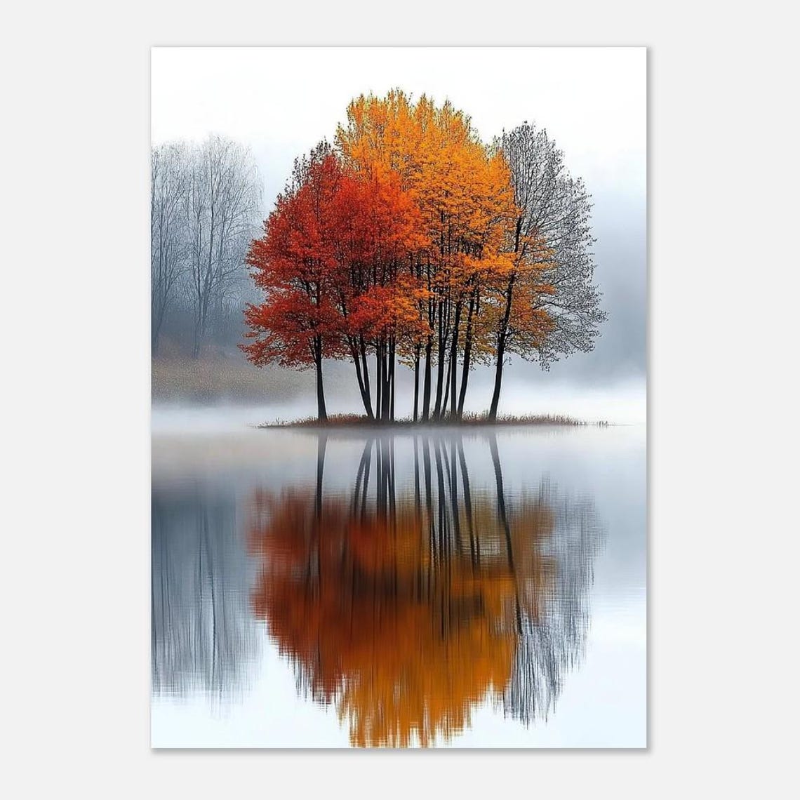 Red Orange Birch Grove Autumn Poster Misty Lake Mirror Reflection - Image 2
