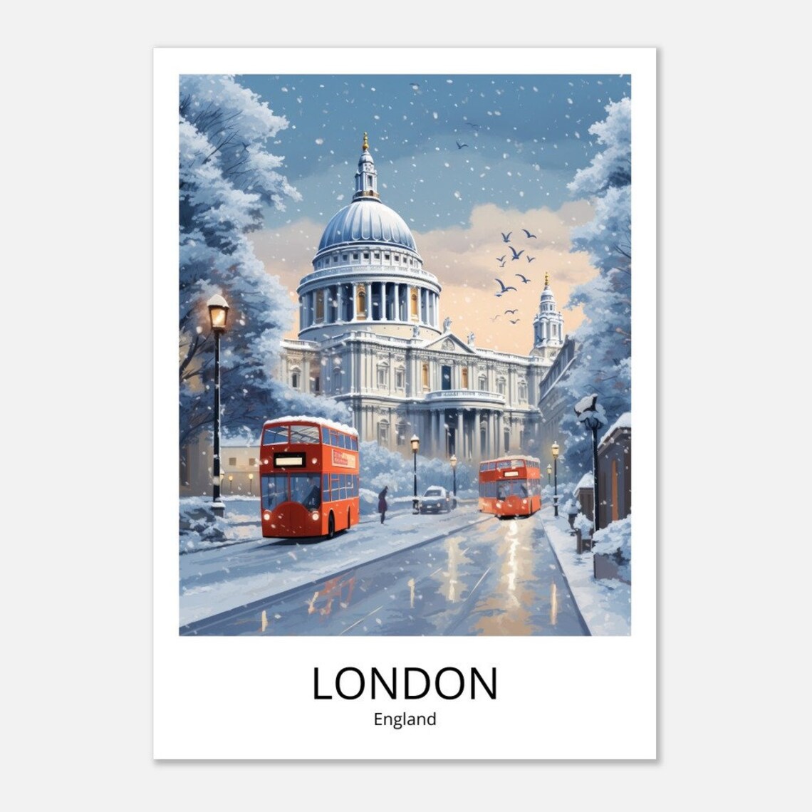 London St Paul's Cathedral Snowy Winter Red Bus Illustration Poster