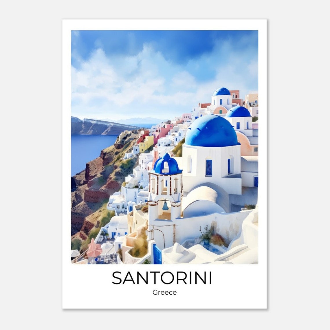 Santorini Greece Hillside Village Blue Domes Retro Travel Poster - Image 4