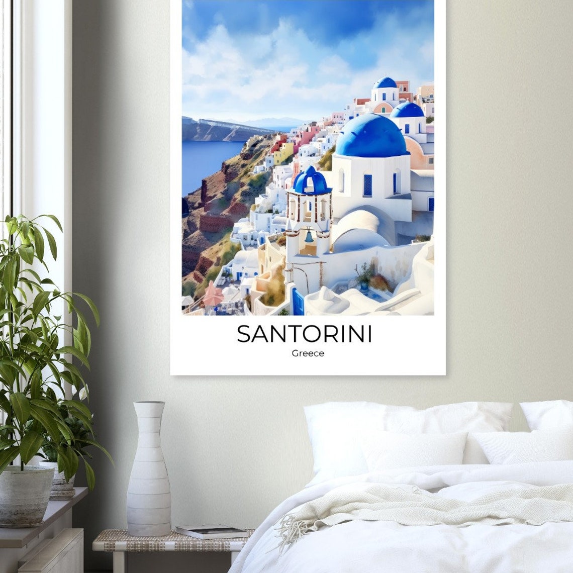 Santorini Greece Hillside Village Blue Domes Retro Travel Poster - Image 3
