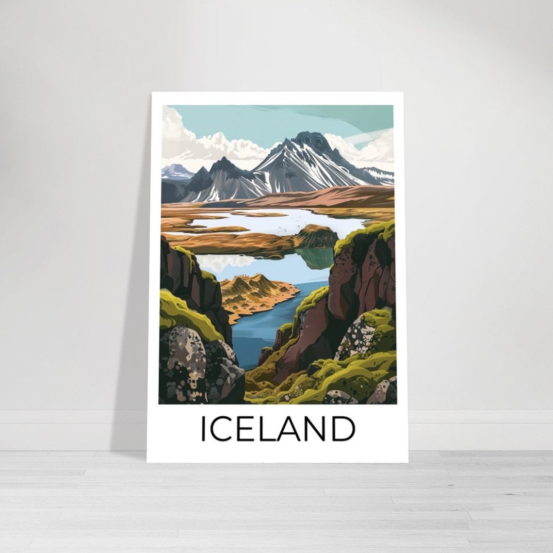 Iceland Snowy Peaks Mirror Lake Mossy Rocks Landscape Poster