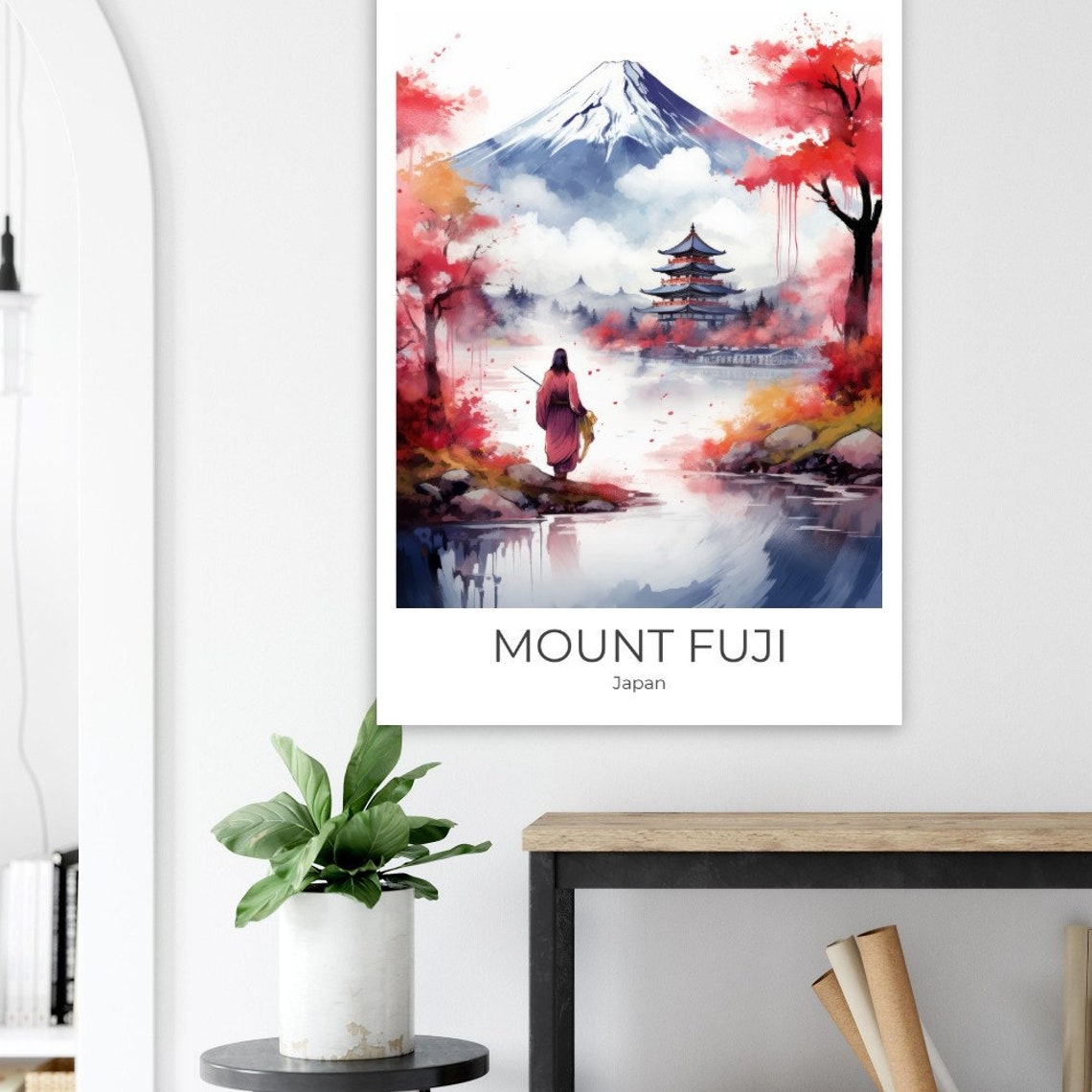 Mount Fuji Japan Pagoda Red Maple Trees Kimono Watercolor Poster - Image 4