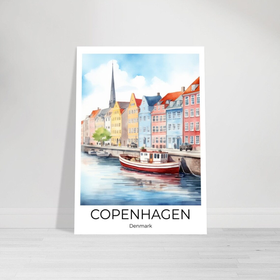 Copenhagen Denmark Watercolor Harbor Boat Cityscape Travel Poster
