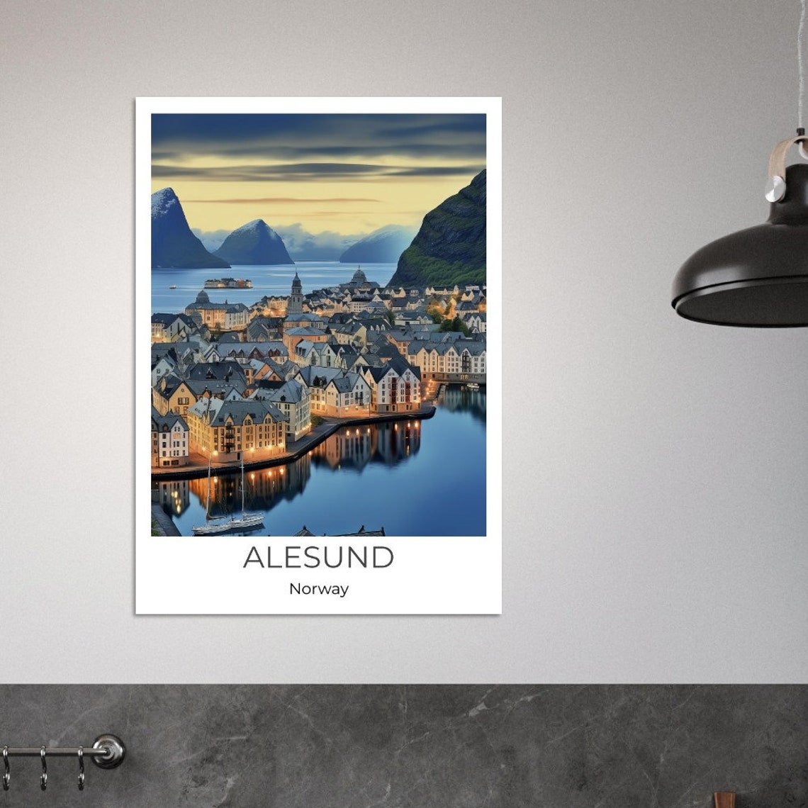 Alesund Norway Evening Harbor Lights Watercolor Travel Poster - Image 4