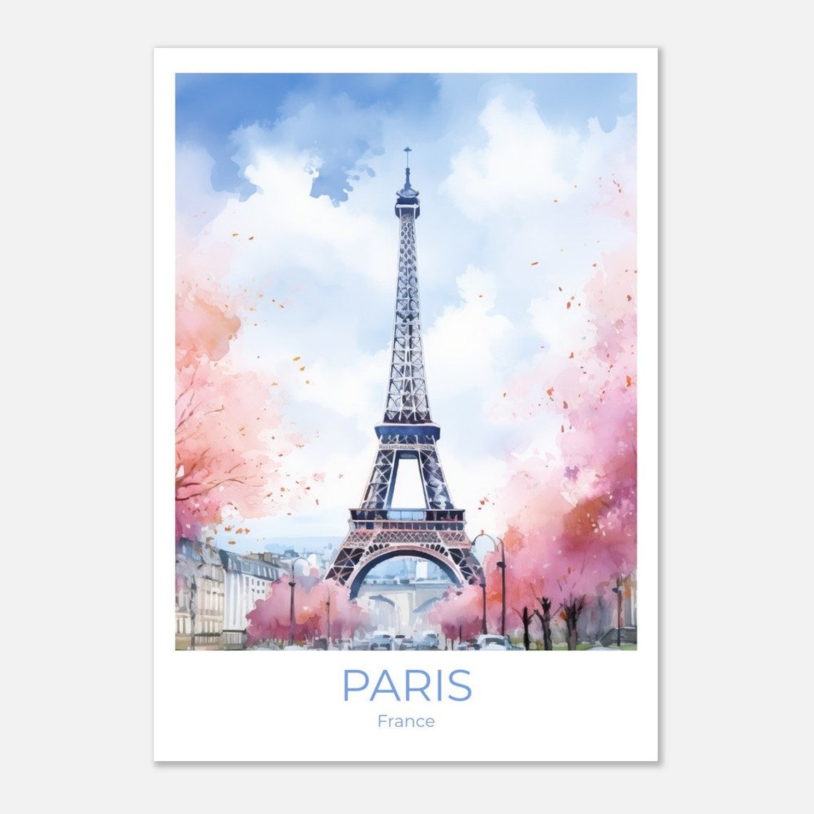 Eiffel Tower Paris Spring Cherry Blossom Watercolor Art Poster - Image 4