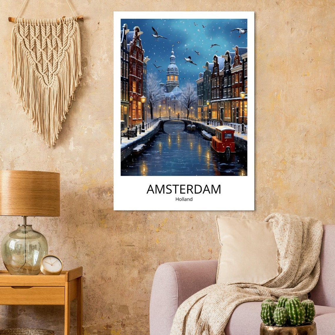 Amsterdam Canal Snowy Winter Canal Houses Night Illustration Poster - Image 4