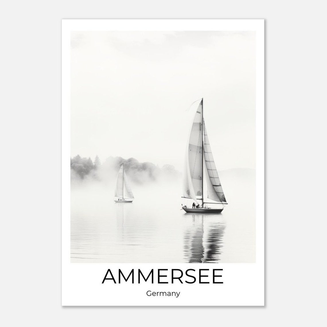 Ammersee Germany Misty Lake With Sailboats in Black and White Poster - Image 4