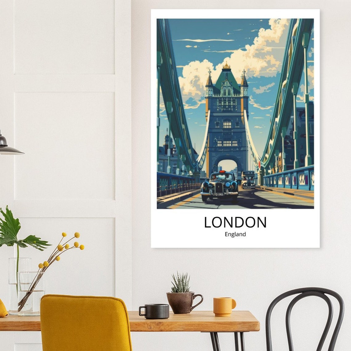 London England Tower Bridge Classic Black Cab Retro Travel Poster - Image 2