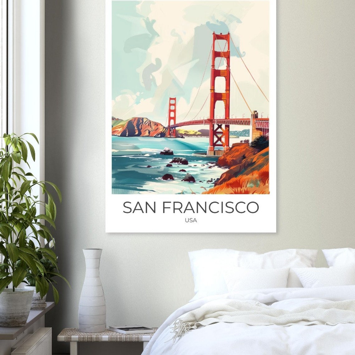 San Francisco Golden Gate Bridge Watercolor Bay View Travel Poster - Image 3