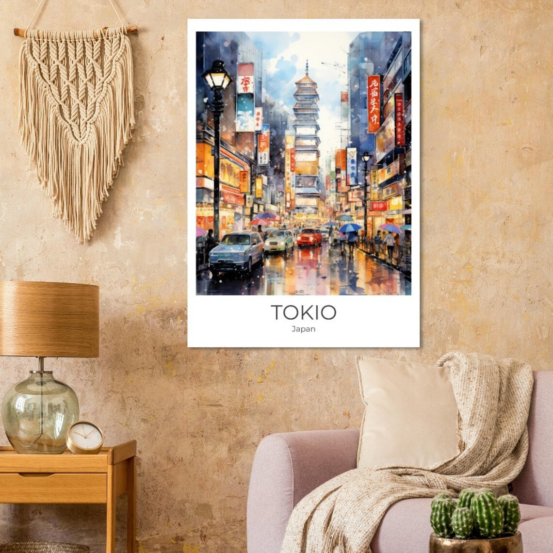 Tokio Japan Rainy Night Neon Street Pagoda Watercolor Poster - Image 4