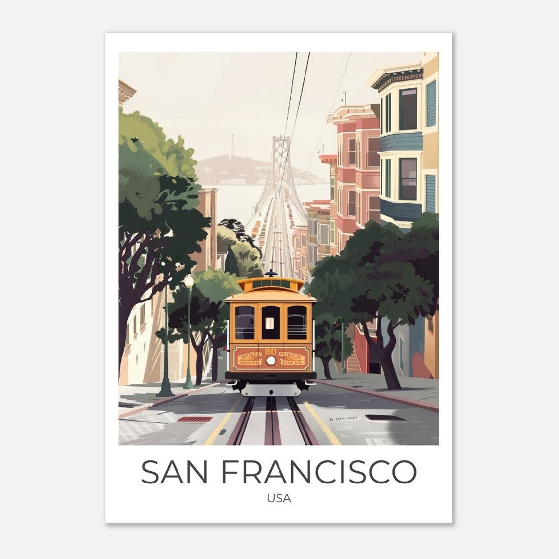 San Francisco Cable Car Powell Street Hill Scene Classic Travel Poster