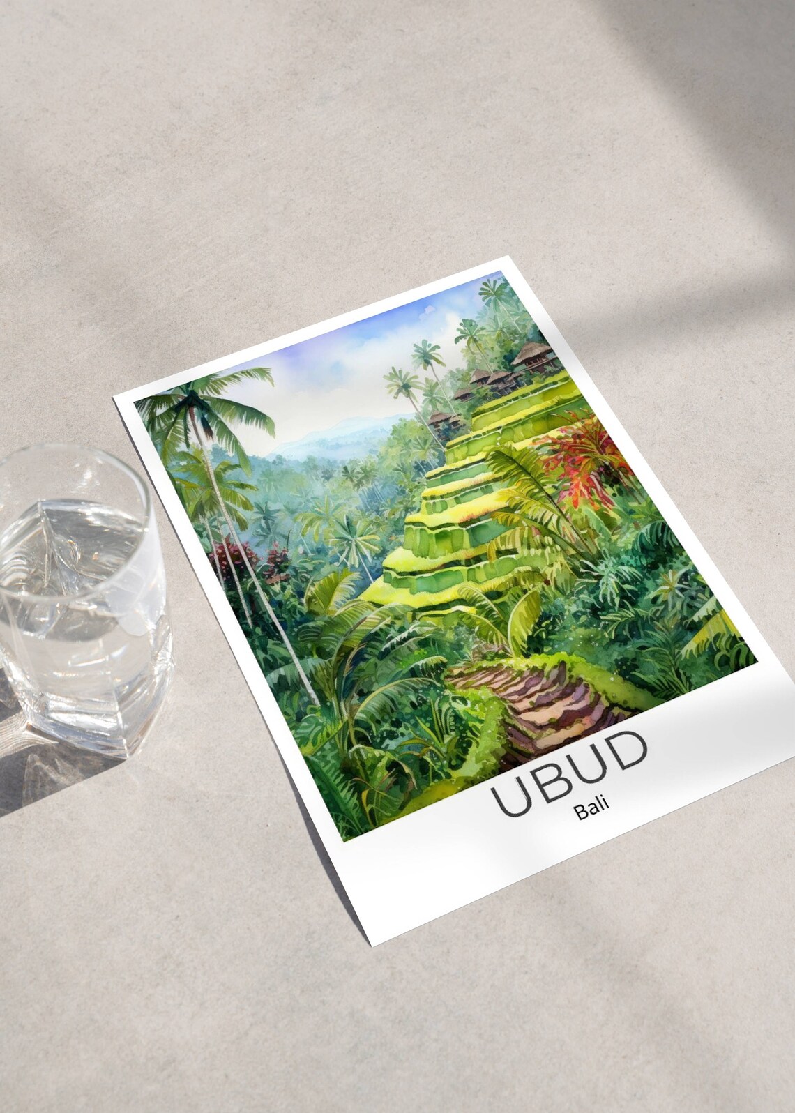 Ubud Bali Travel Poster Rice Terraces Watercolor Jungle Paradise Art - Image 2