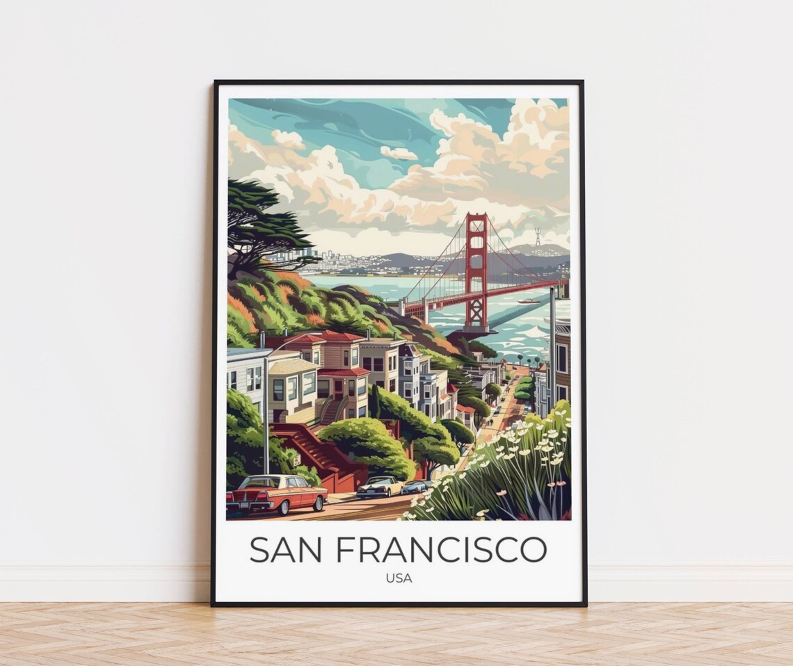 San Francisco USA Golden Gate Bridge Colorful Steep Street Poster