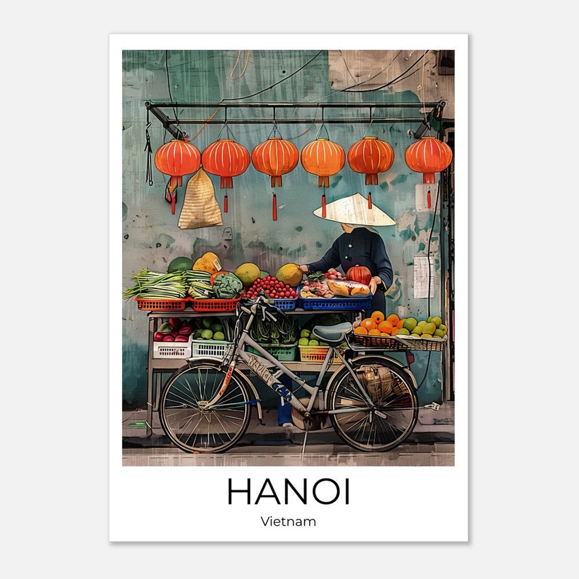 Hanoi Vietnam Red Lanterns Fruit Cart Bicycle Painterly Travel Poster - Image 2