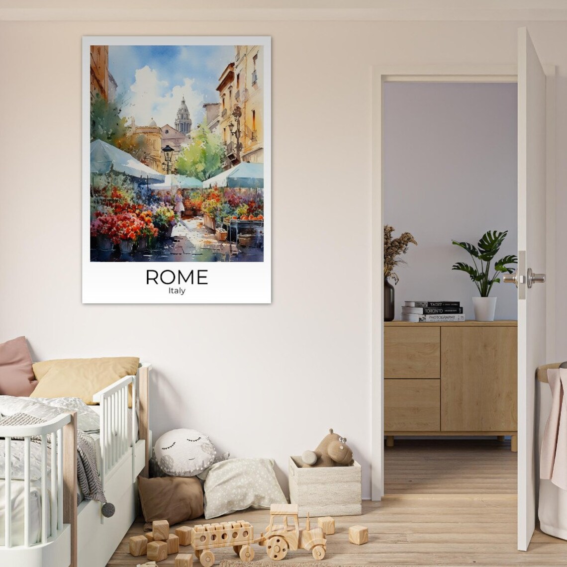 Rome Italy Watercolor Flower Market Street With Church Dome Poster - Image 2