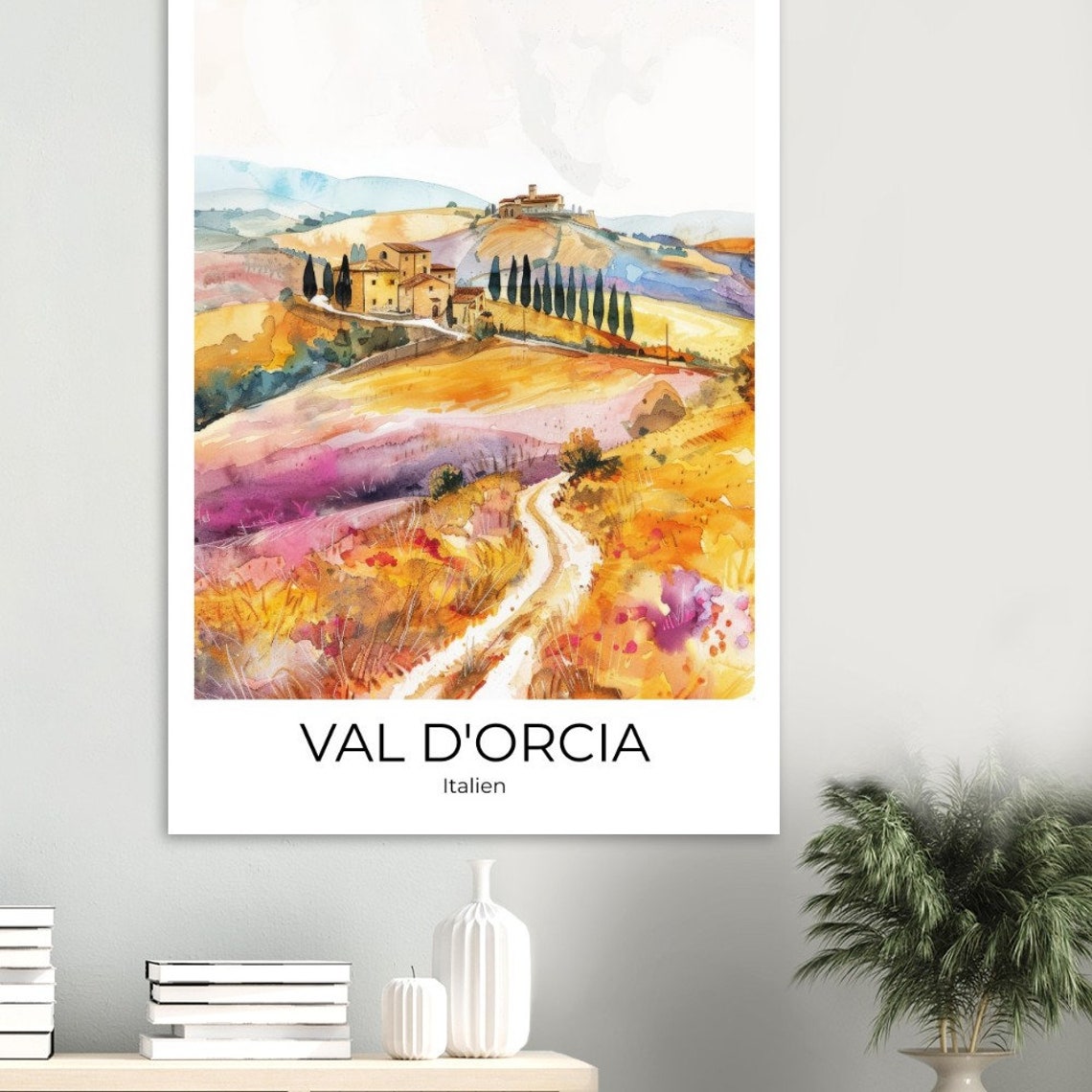Val d'Orcia Tuscany Watercolor Poster Italy Soft Rolling Hills Art - Image 2