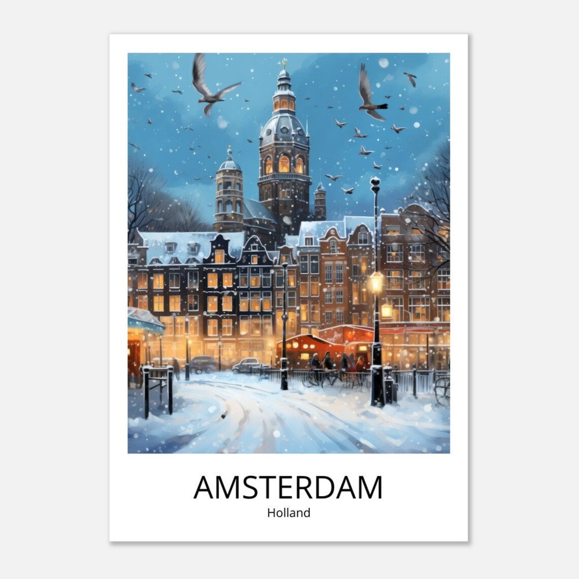 Amsterdam Winter Church Tower Snow Canal Houses Illustration Poster