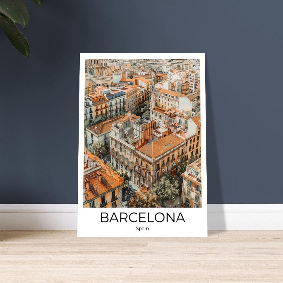 Barcelona Spain Aerial Rooftop View Old Town Watercolor Poster - Image 2