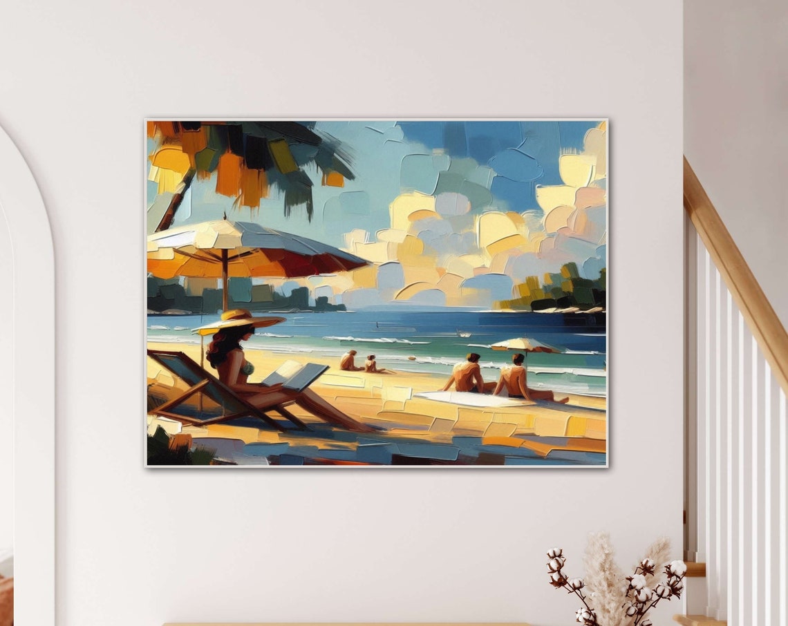 Bay Beach Reader With Sunhat Under Umbrella Impasto Art Poster