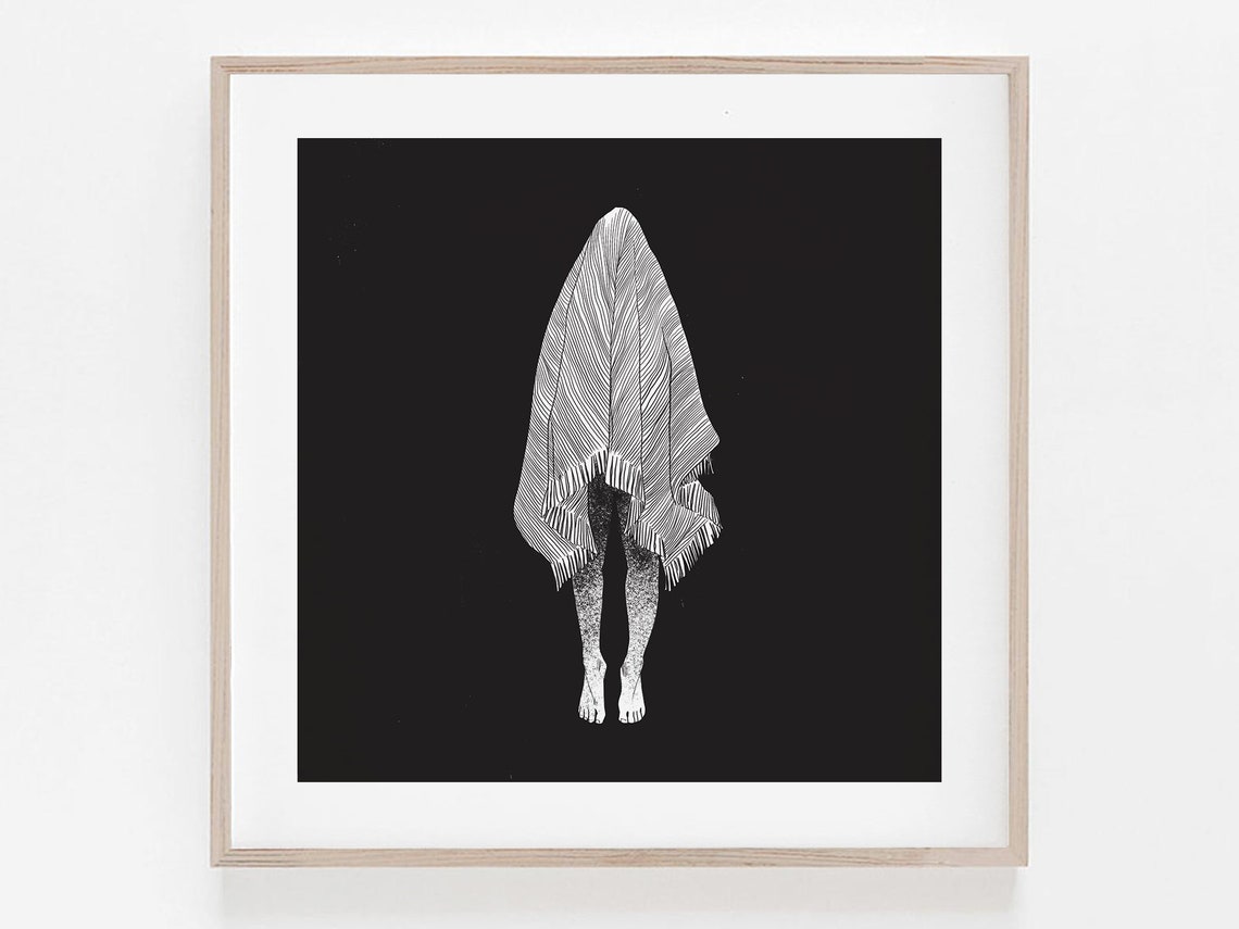 Barefoot Figure in Striped Shawl Black and White Minimalist Art Print