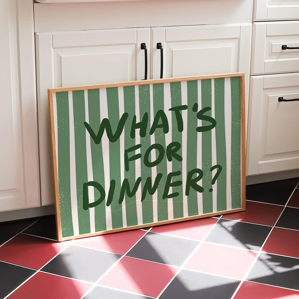 What's For Dinner Green Striped Bold Typography Kitchen Poster