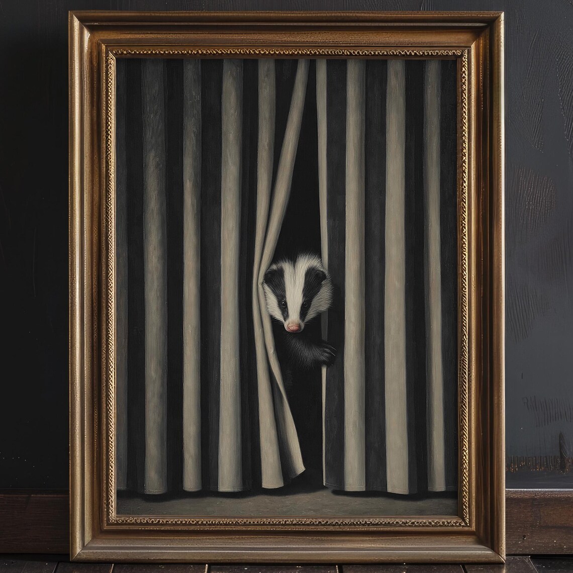 Black White Striped Badger Art Print, Moody Decor