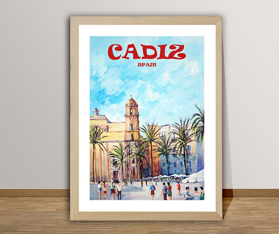 Cadiz Spain Cathedral Square Palm Trees Vintage Travel Poster