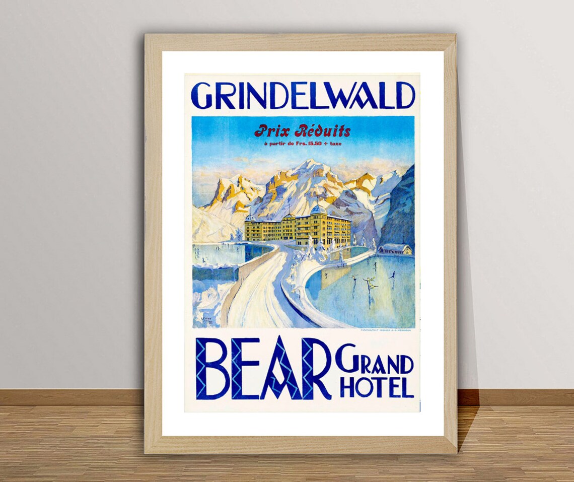 Grindelwald Bear Grand Hotel Vintage Swiss Alpine Winter Poster