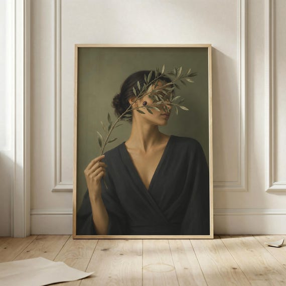 Olive Branch Woman Poster Mediterranean Botanical Wall Art Moody Feminine Portrait Print Earthy Green Minimalist Gallery Decor