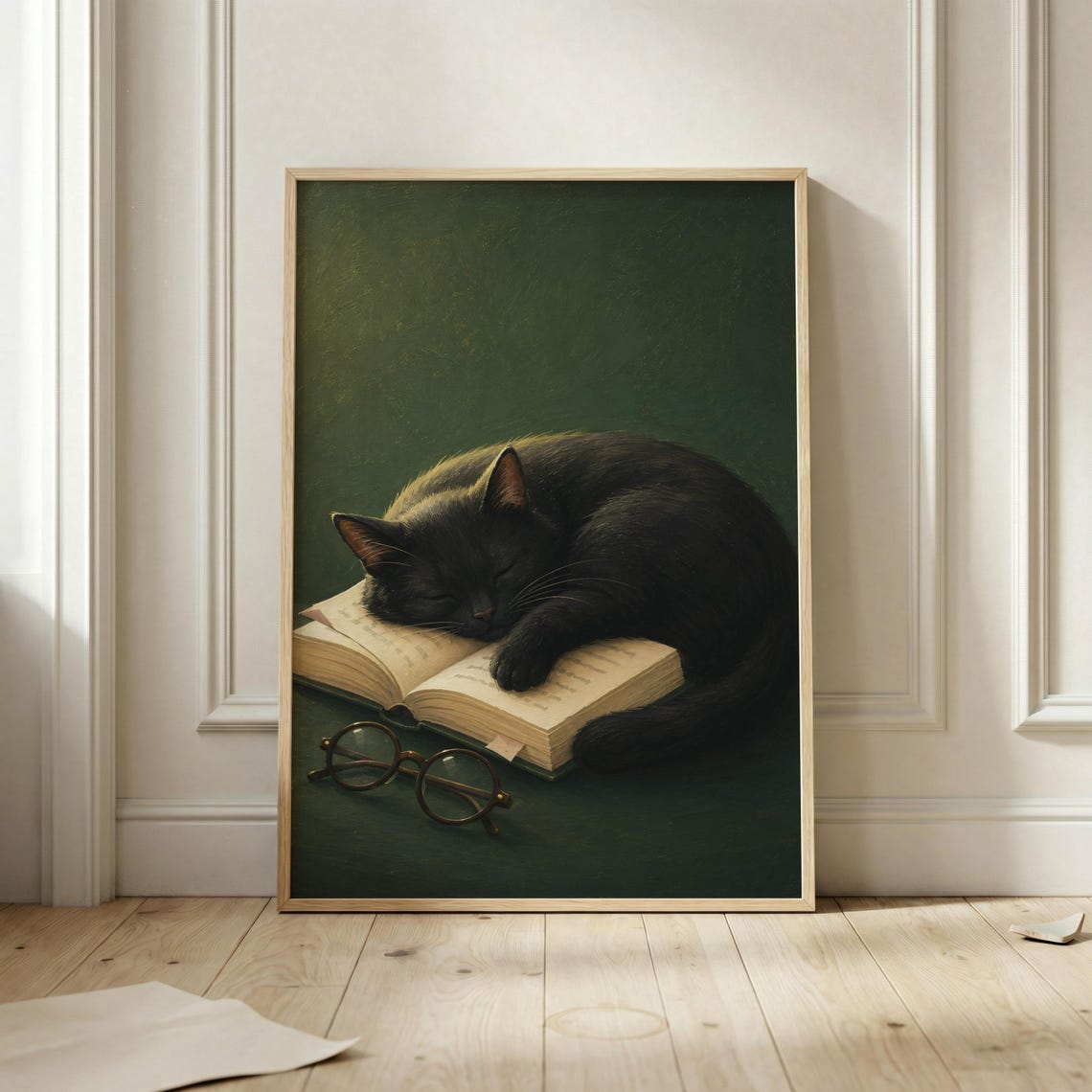 Sleeping Black Cat Wall Art Bookish Poster Dark Academia Print Literary Library Decor Cozy Reading Nook Lover Home
