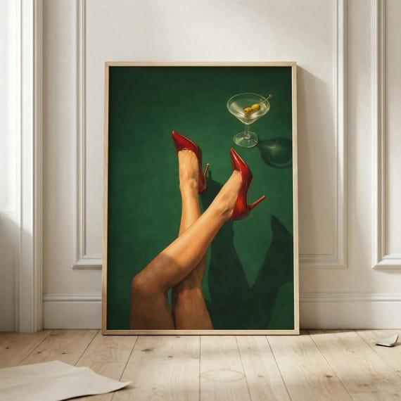 Martini Cocktail Poster Red Heels Wall Art Fashion Illustration Print Luxury Glam Decor Chic Feminine Artwork