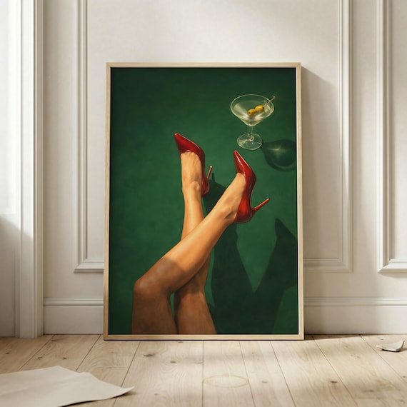 Red Heels and Martini Green Background Chic Fashion Bar Poster