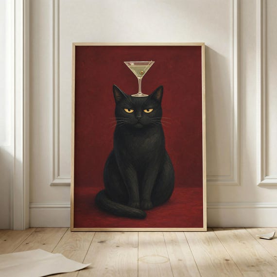 Black Cat Martini Poster, Moody Cocktail Art Print