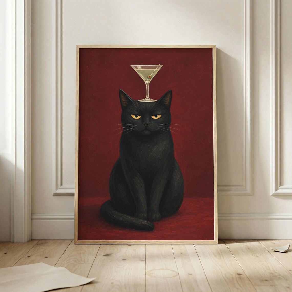 Black Cat Martini Poster, Moody Cocktail Art Print