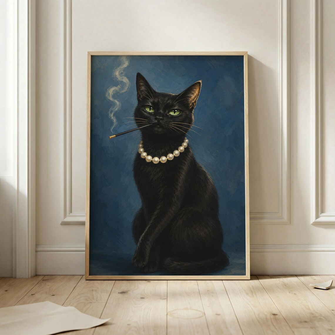 Black Cat Pearl Necklace Poster, Elegant Feline Portrait