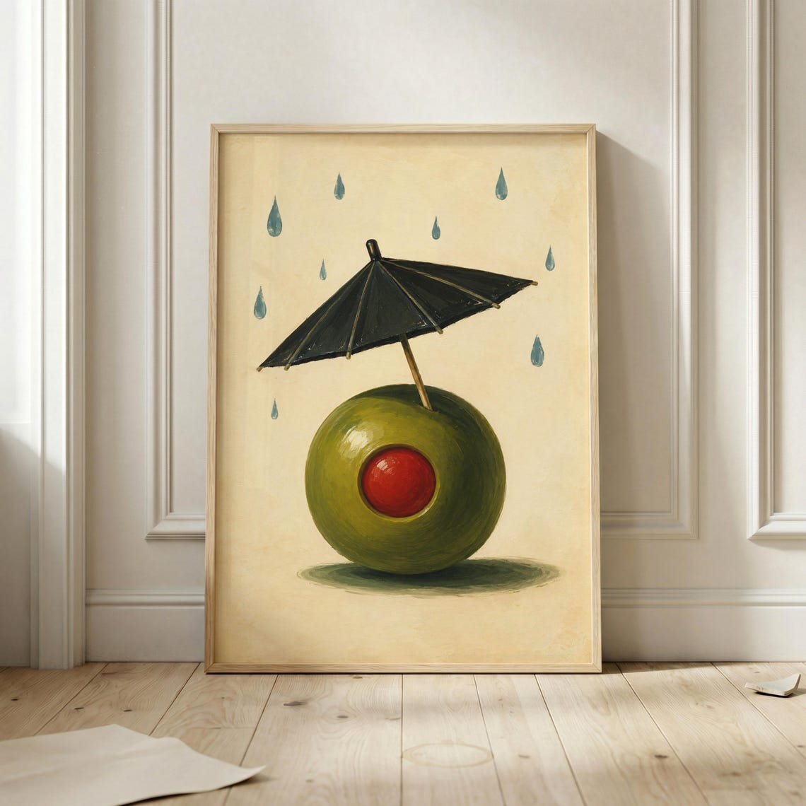 Olive Cocktail Umbrella Rain Funny Whimsical Kitchen Bar Art Poster