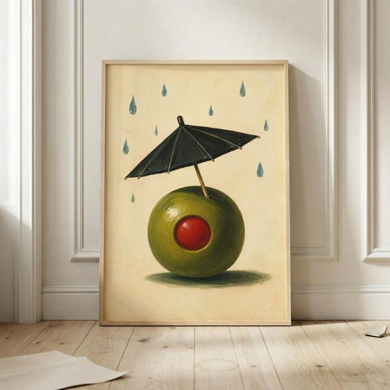 Olive Umbrella Wall Art Funny Kitchen Poster Whimsical Artwork Martini Decor Minimalist Food Illustration Modern Printable