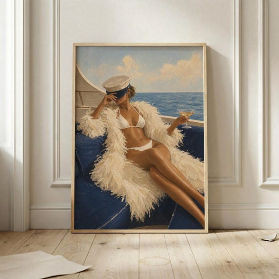 Yacht Girl Wall Art Coastal Woman Poster White Bikini Print Champagne Lover Decor Mediterranean Summer Vacation Room Artwork