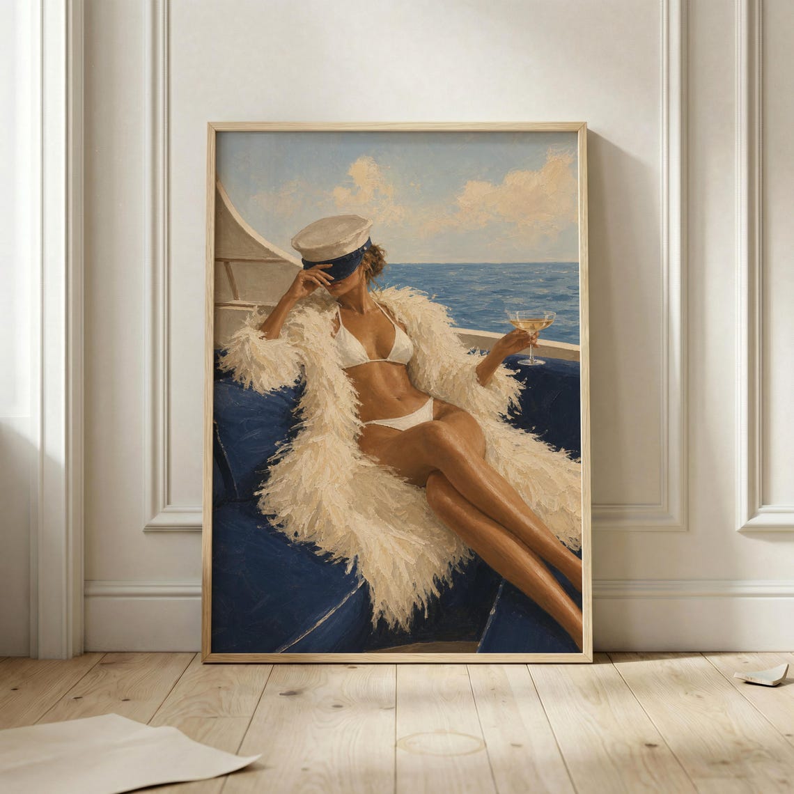 Glamorous Yacht Woman In Sailor Cap Coastal Fashion Wall Art