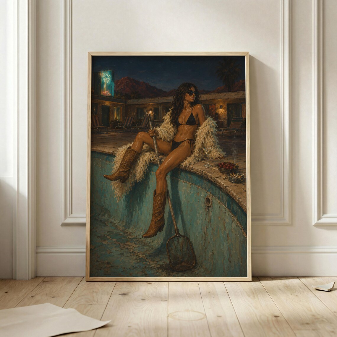 Cowgirl Bikini Fur Coat Cowboy Boots Night Motel Pool Desert Poster