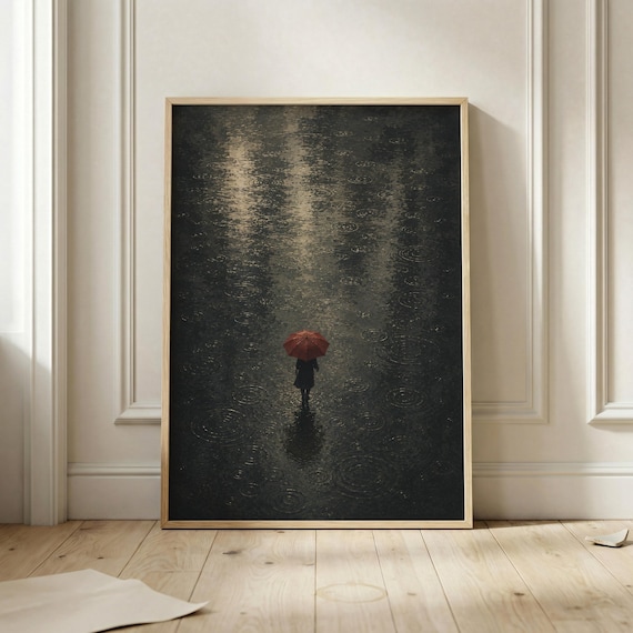 Red Umbrella In Dark Rain Moody Figure Lone Walk City Night Rain Poster