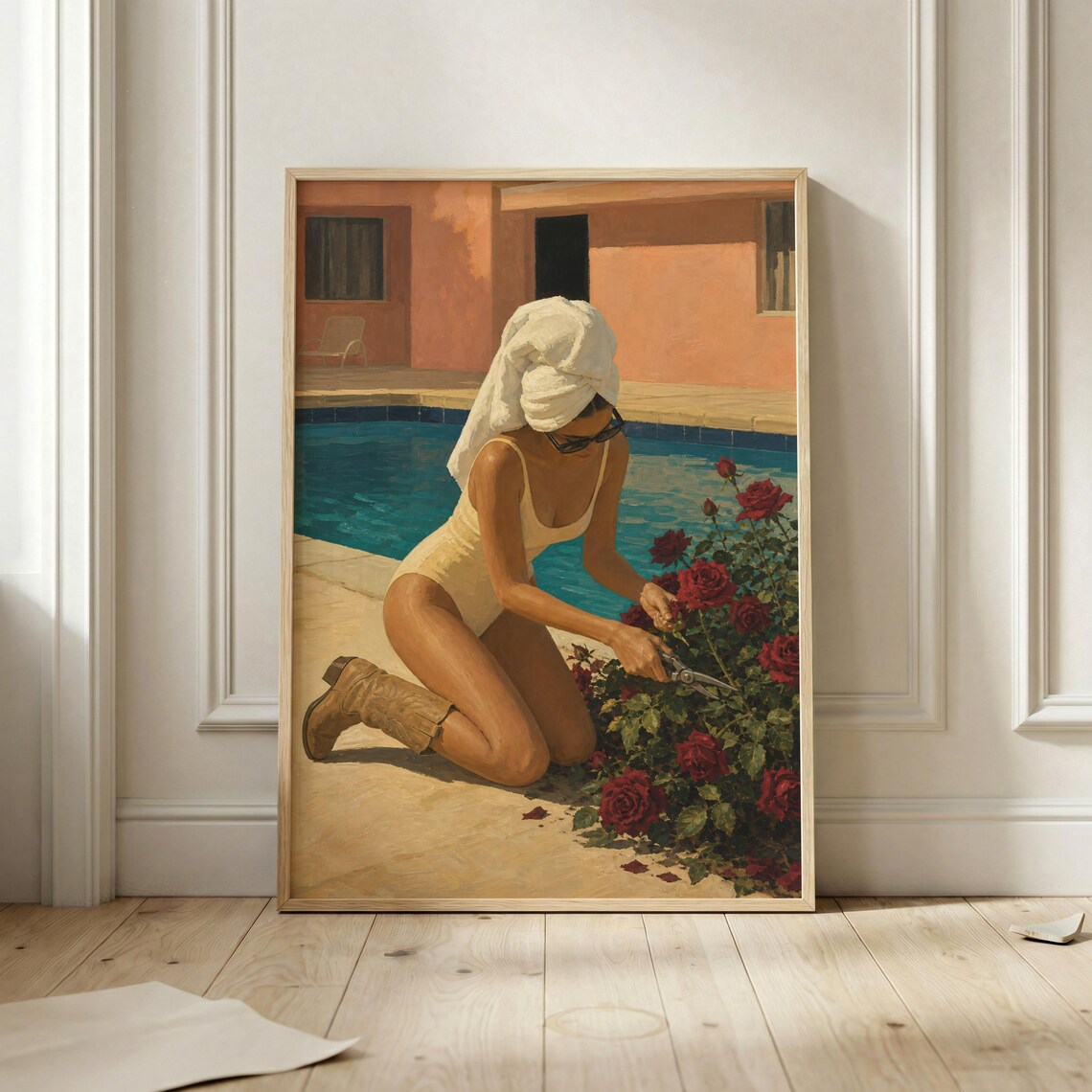 Poolside Rose Gardener Poster, Retro Woman Art Print