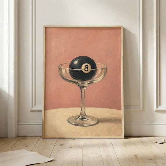 Black Eight Ball In Cocktail Coupe Glass Pink Retro Wall Art