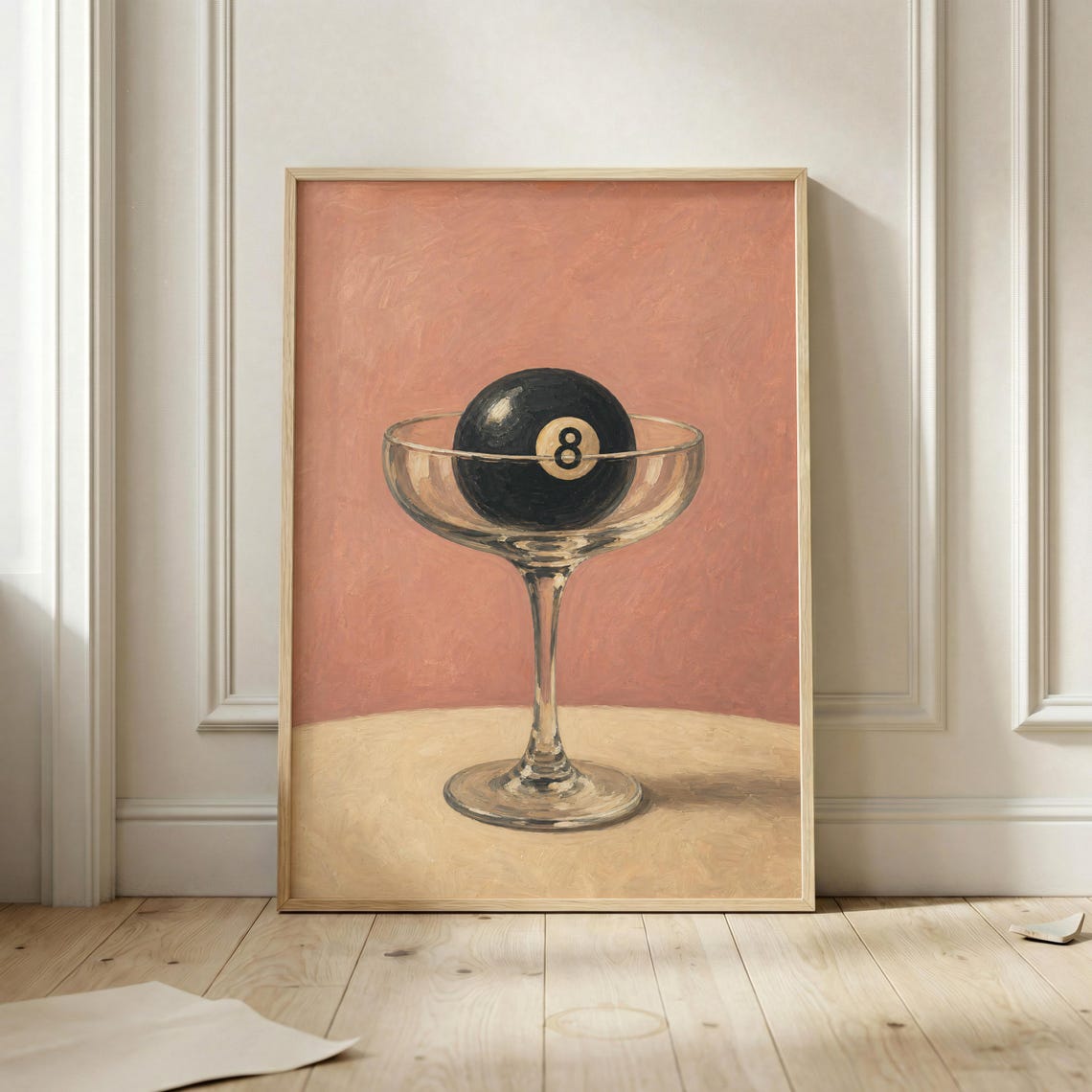 Eight Ball Cocktail Poster Vintage Billiards Wall Art Pool Room Decor Retro Bar Print Peach Martini Glass Artwork Game Gift