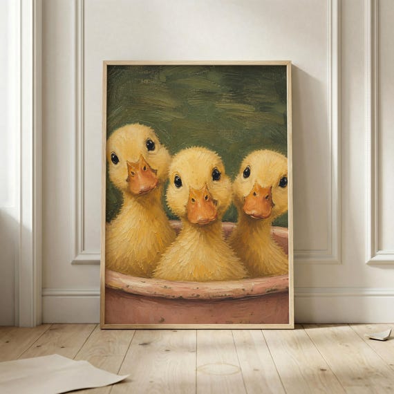 Ducklings In Bathtub Wall Art Print Vintage Cottagecore Nursery Poster Cute Baby Duck Decor Farm Animal Soft Romantic