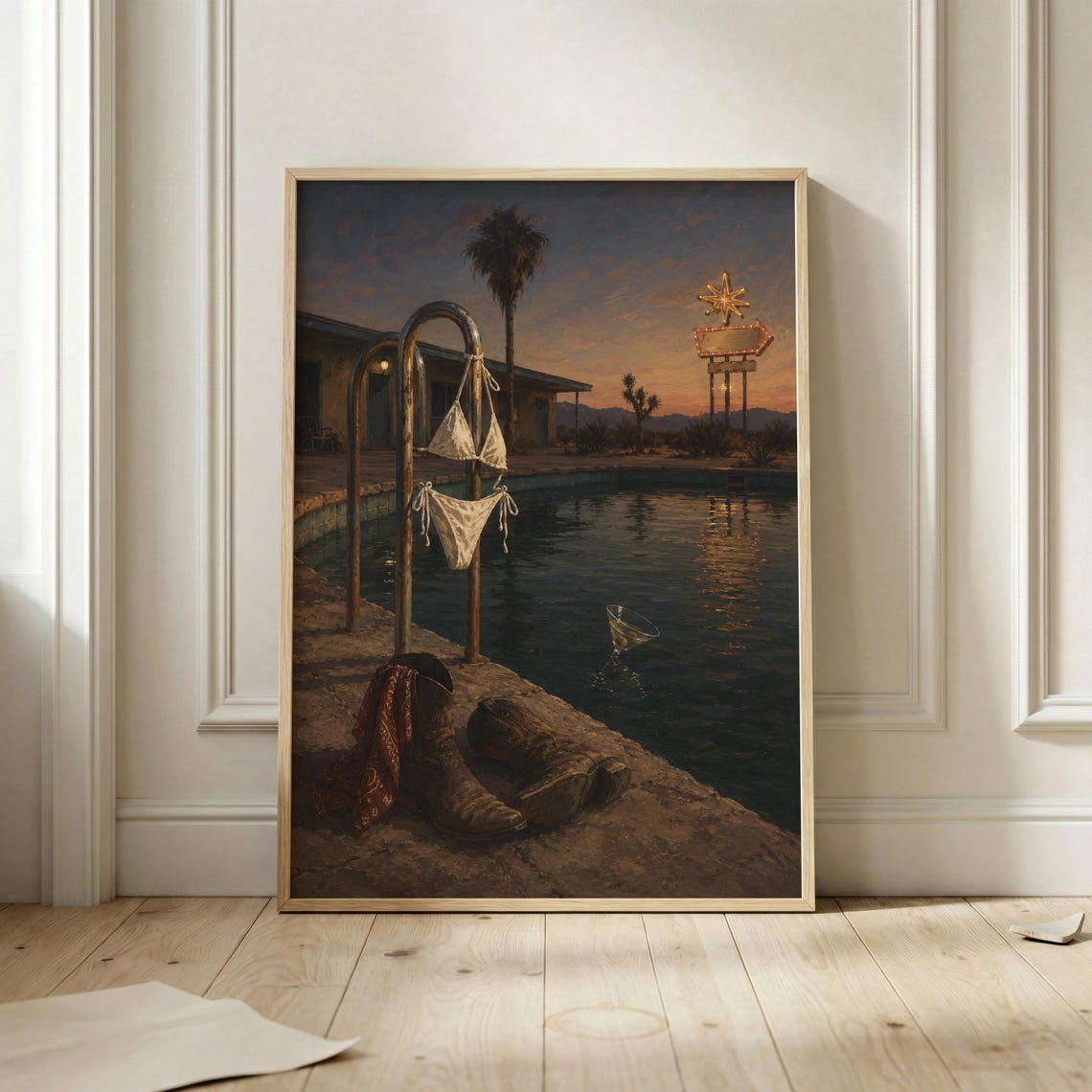 Desert Motel Pool At Dusk Western Noir Cowboy Boots Bikini Bar Poster